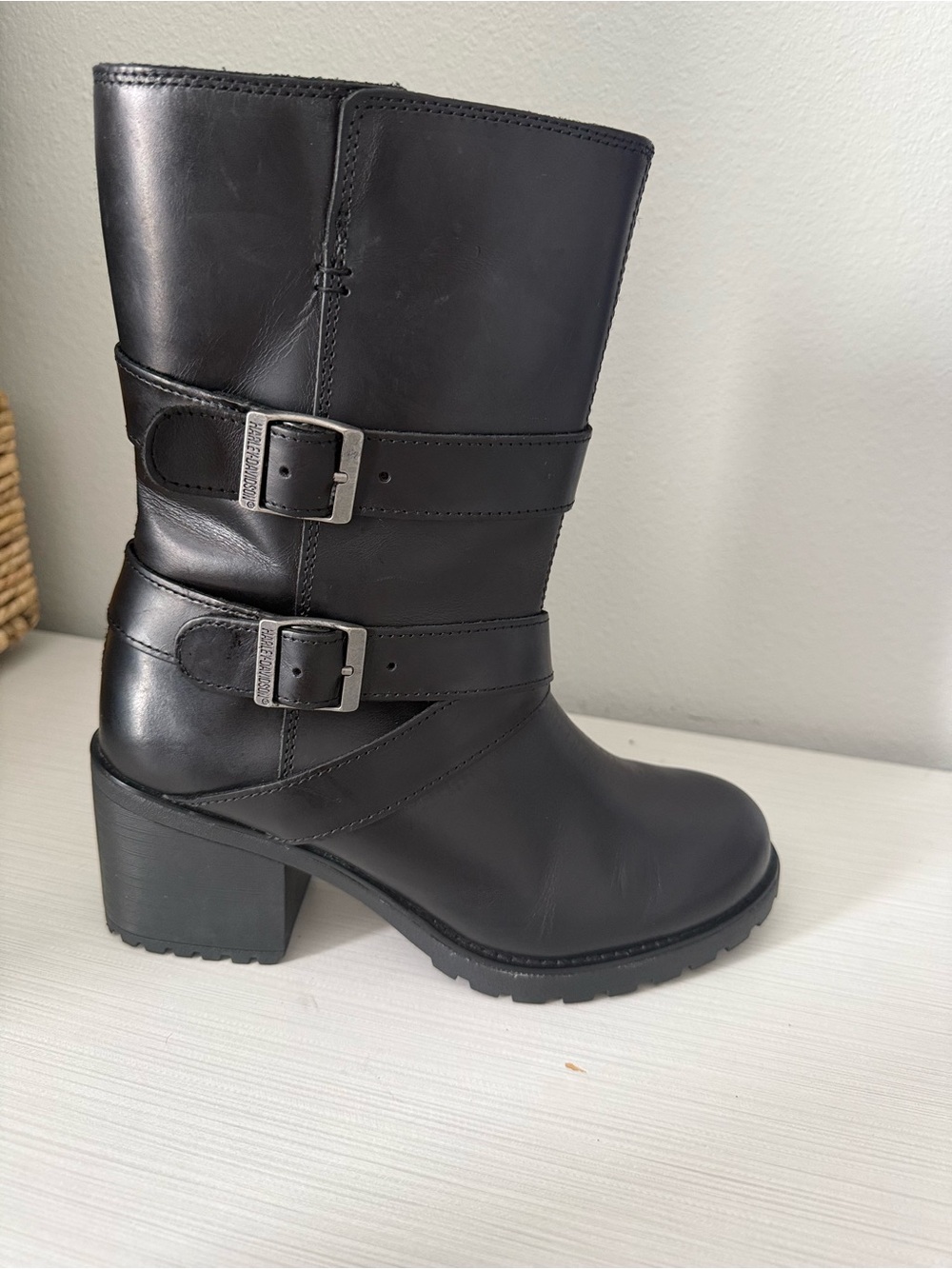 Harley-Davidson Black Leather Buckle Mid-Calf Moto Boots